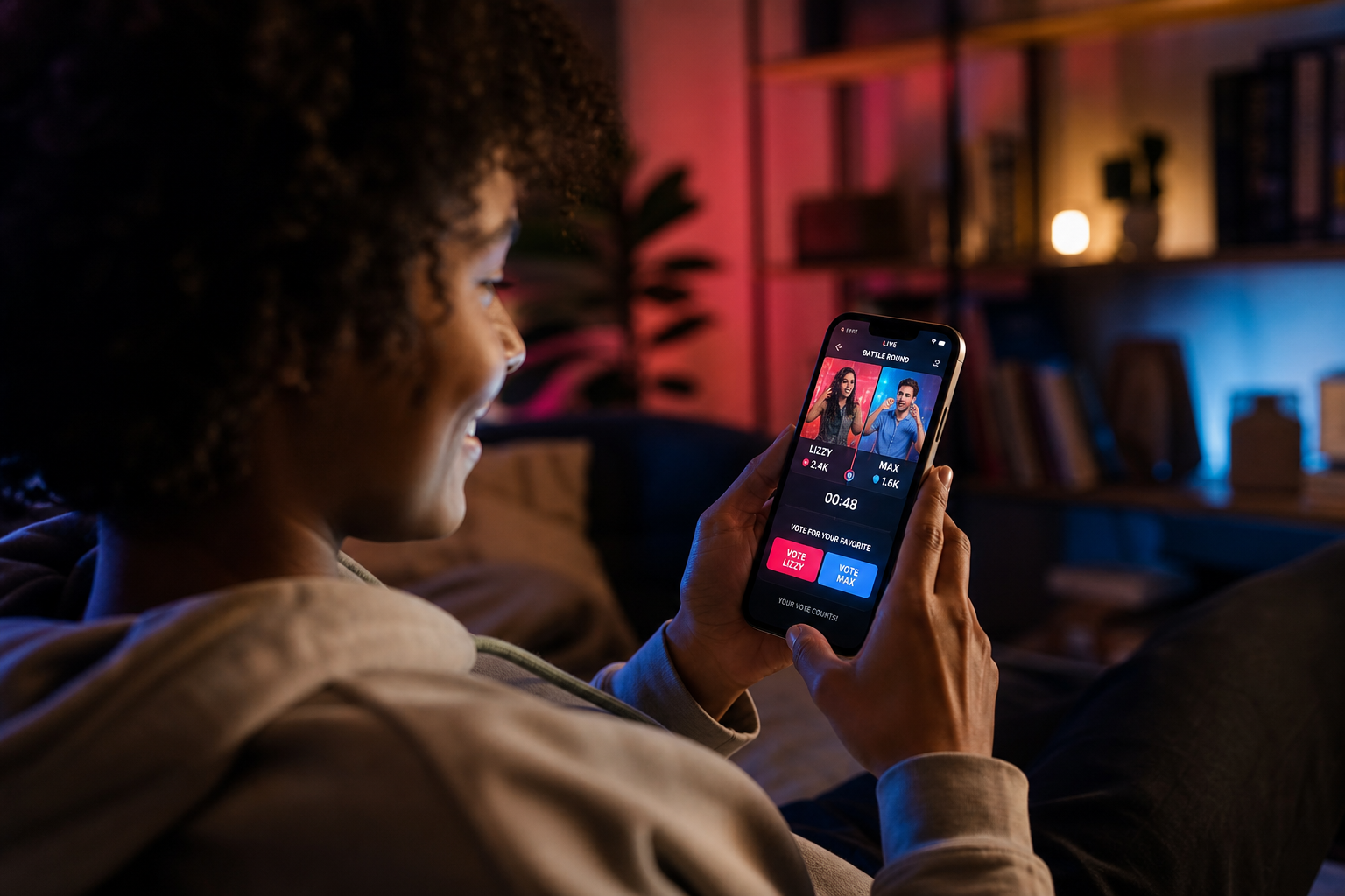 Person voting in an online battle from their phone